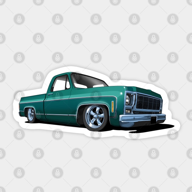 1980 Chevrolet C10 pickup in dark green Sticker by candcretro